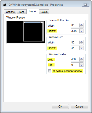 Screenshot of the Command Prompt Options tab