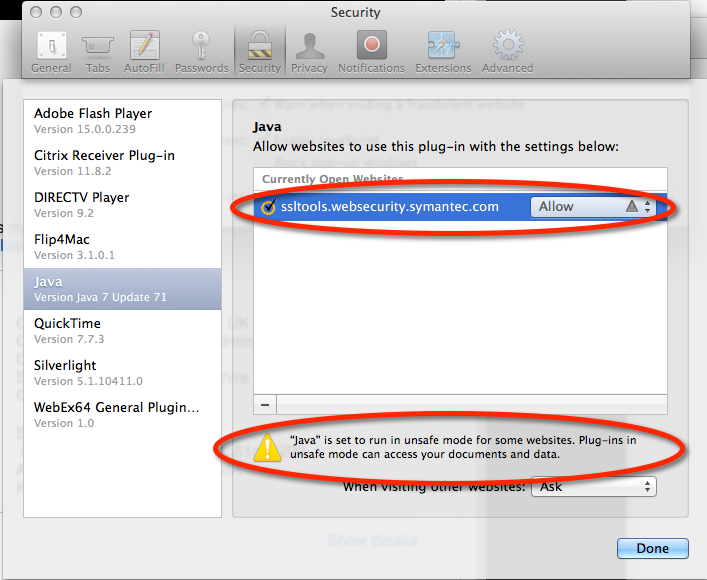 Screenshot of a Safari security settings for the Symantec SSL Toolbox