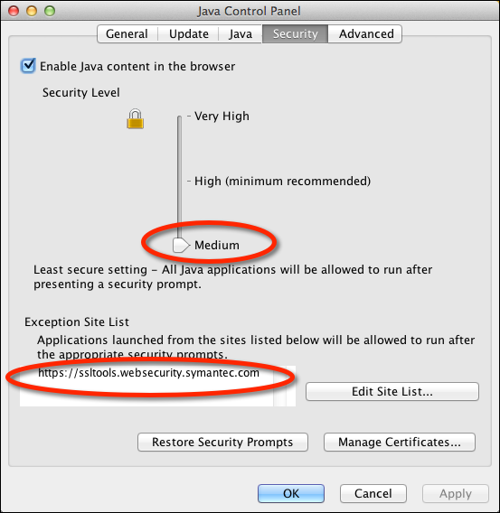 Screenshot of a JVM security settings for the Symantec SSL Toolbox