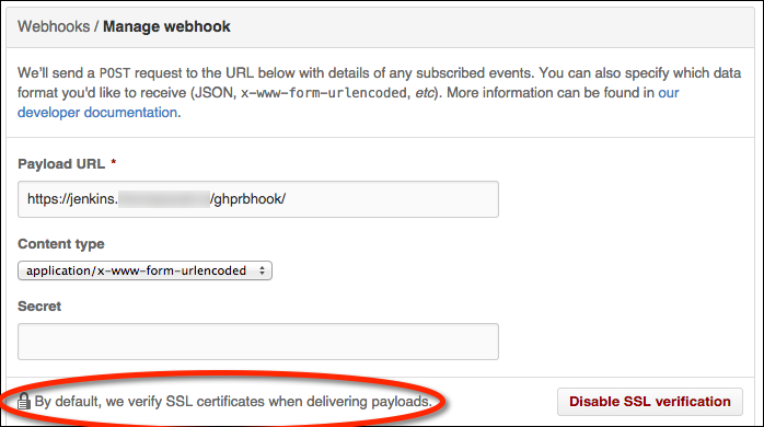 Screenshot of a failed certificate validation in a GitHub WebHook configuratioon screen