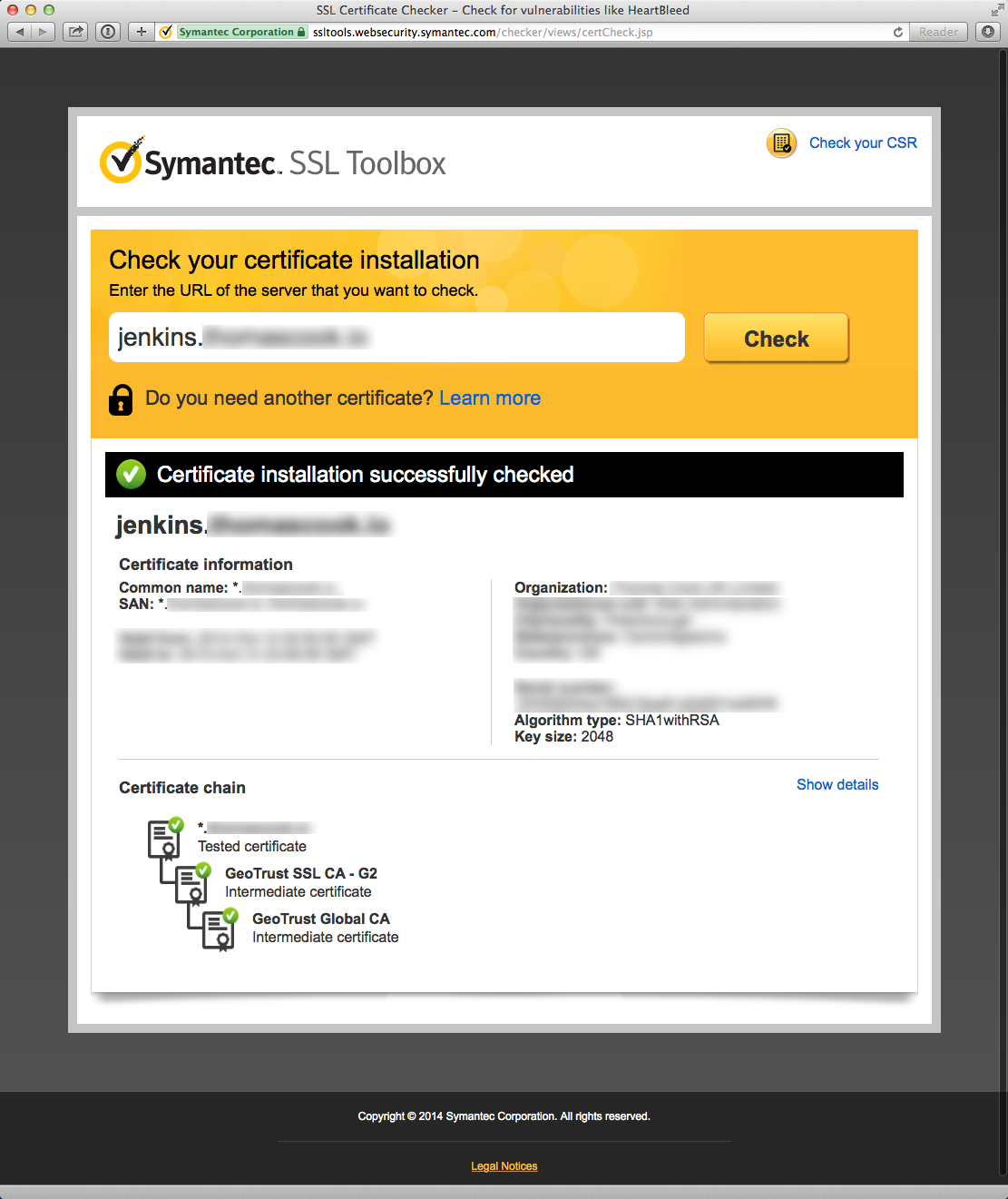 Screenshot of a succesful certificate validation in the Symantec SSL Toolbox