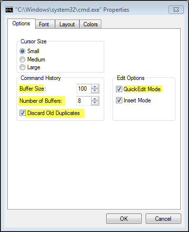 Screenshot of the Command Prompt Options tab