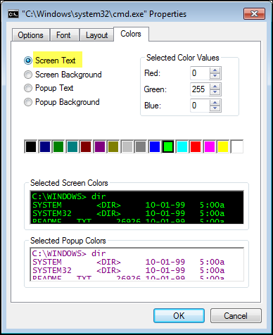 Screenshot of the Command Prompt Options tab