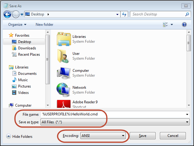 Screenshot of saving a batch file in Notepad