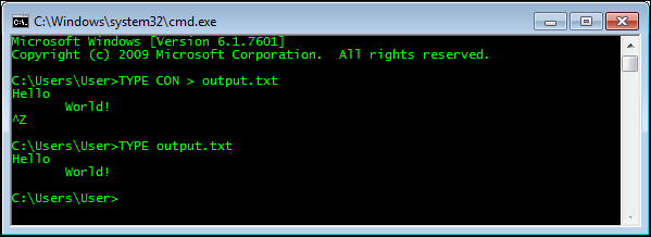 Screenshot of sending keyboard input to a file