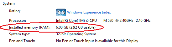 System information screenshot showing 3GB of RAM