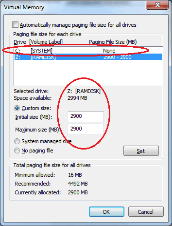 Screenshot of modifying Windows virtual memory settings in step 6