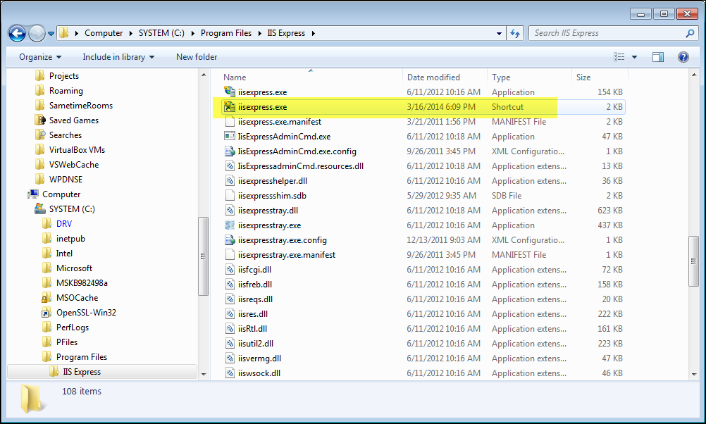 Screenshot of the iisexpress.exe.lnk settings