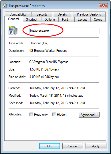 Screenshot of the iisexpress.exe.lnk settings