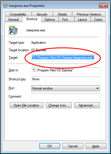 Screenshot of the iisexpress.exe.lnk settings