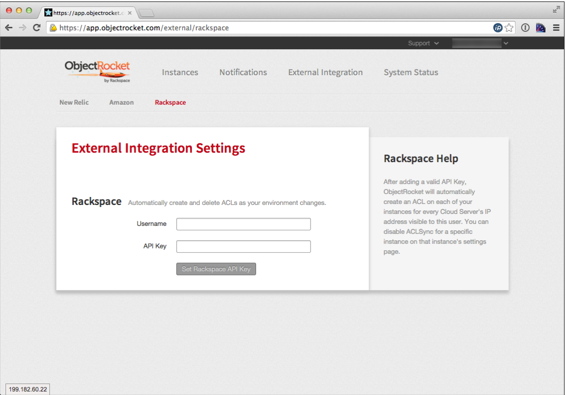 Screenshot of ObjectRocket integration with Rackspace