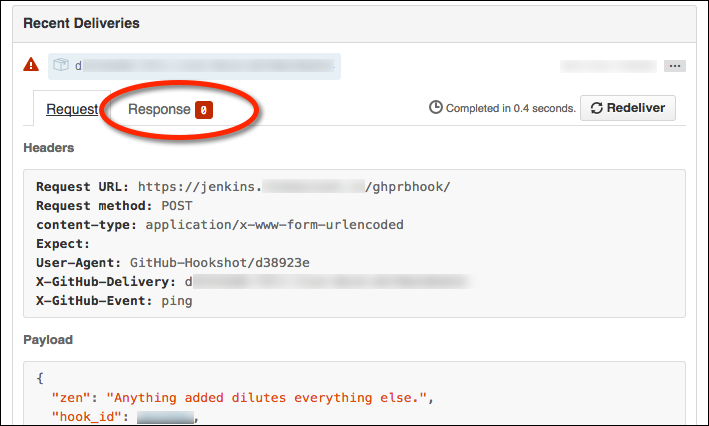 Screenshot of a "hello, world" webhook ping from GitHub