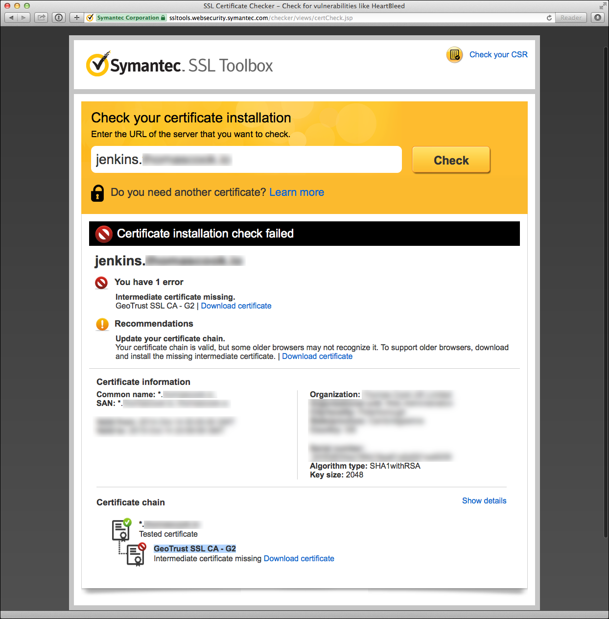 Screenshot of a failed certificate validation in the Symantec SSL Toolbox